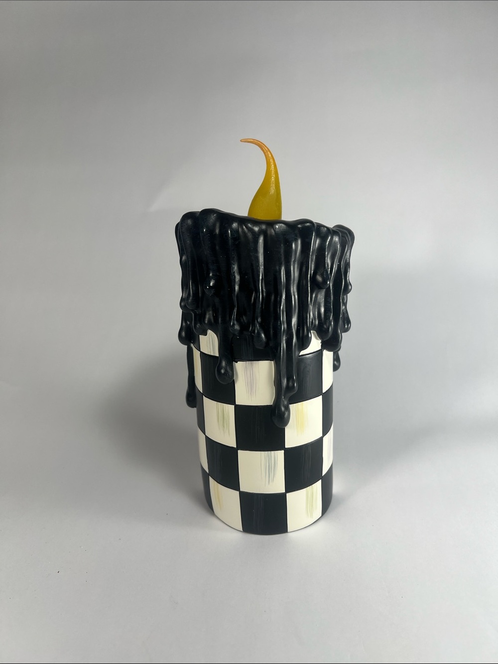 MacKenzie-Childs Black and White Checker battery Candle with Yellow Flame